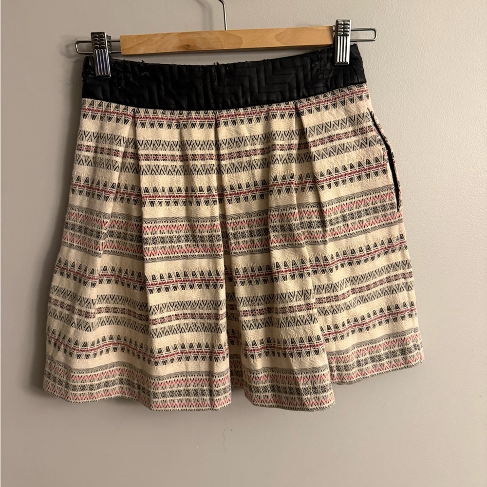 Zara Trafaluc Boho Tribal Print Skater Skirt XS Cream Black Elastic Waist